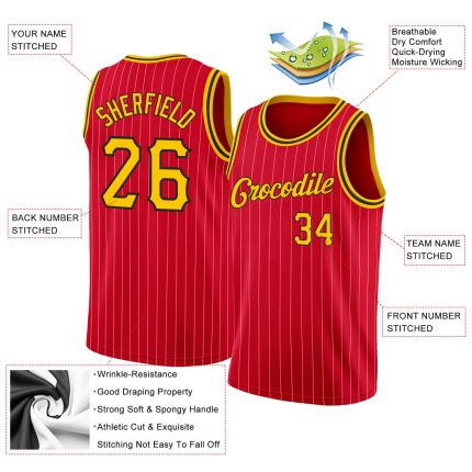 Personalized Red Gold Pinstripe Gold-Black Authentic Basketball Jersey Team Custom Name and Number