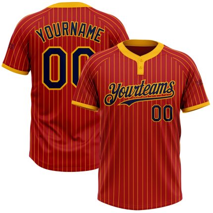 Personalized Red Gold Pinstripe Navy Two-Button Unisex Softball Jersey Team Custom Name and Number