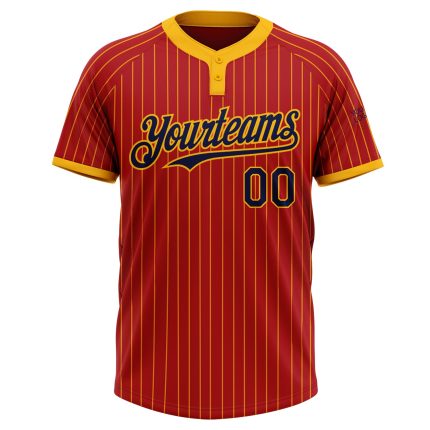 Personalized Red Gold Pinstripe Navy Two-Button Unisex Softball Jersey Team Custom Name and Number