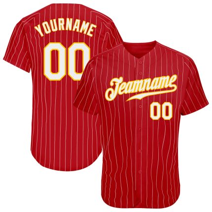 Personalized Red Gold Pinstripe White-Gold Authentic Baseball Jersey Team Custom Name and Number