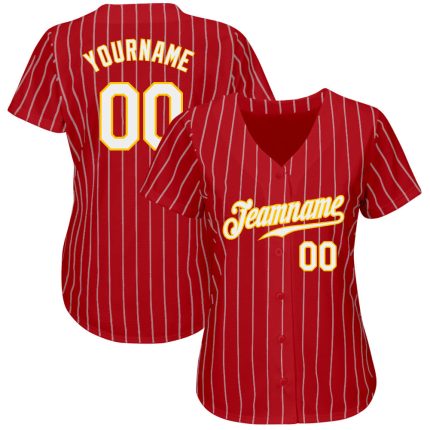 Personalized Red Gold Pinstripe White-Gold Authentic Baseball Jersey Team Custom Name and Number