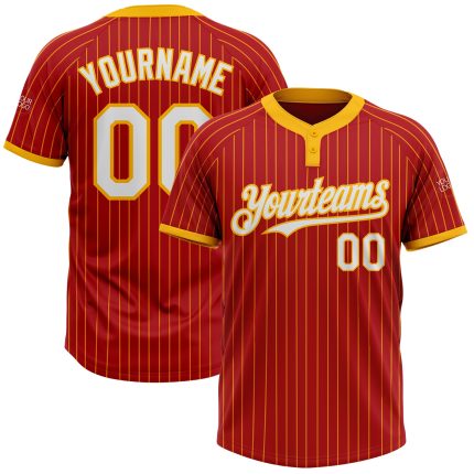 Personalized Red Gold Pinstripe White Two-Button Unisex Softball Jersey Team Custom Name and Number