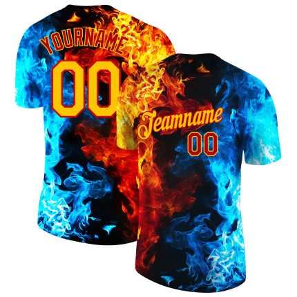 Personalized Red Gold-Red 3D Pattern Design Flame Performance T-Shirt Team Custom Name and Number