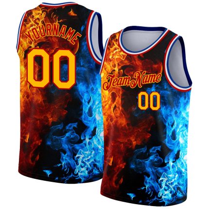 Personalized Red Gold-Royal 3D Pattern Design Flame Authentic Basketball Jersey Team Custom Name and Number
