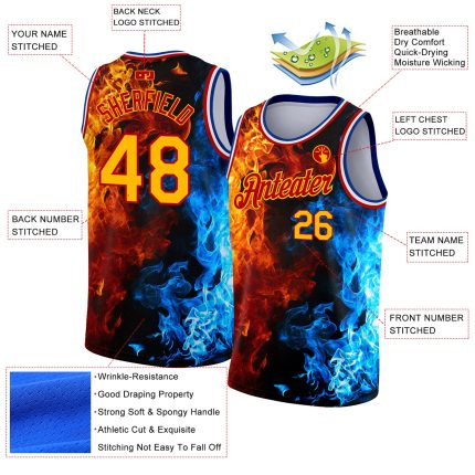 Personalized Red Gold-Royal 3D Pattern Design Flame Authentic Basketball Jersey Team Custom Name and Number