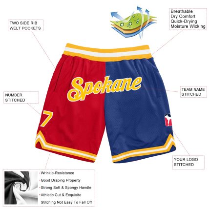 Personalized Red Gold-Royal Authentic Throwback Split Fashion Basketball Shorts Team Custom Name and Number