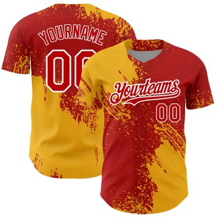 Personalized Red Gold-White 3D Pattern Design Abstract Brush Stroke Authentic Baseball Jersey Team Custom Name and Number