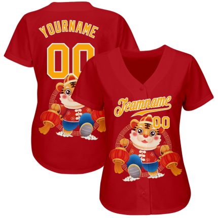 Personalized Red Gold-White 3D Pattern Design Cute Tiger Authentic Baseball Jersey Team Custom Name and Number