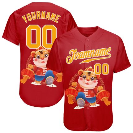 Personalized Red Gold-White 3D Pattern Design Cute Tiger Authentic Baseball Jersey Team Custom Name and Number