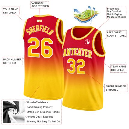 Personalized Red Gold-White Authentic Fade Fashion Basketball Jersey Team Custom Name and Number