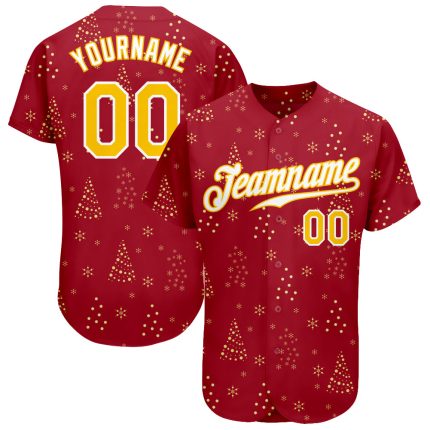 Personalized Red Gold-White Christmas 3D Authentic Baseball Jersey Team Custom Name and Number