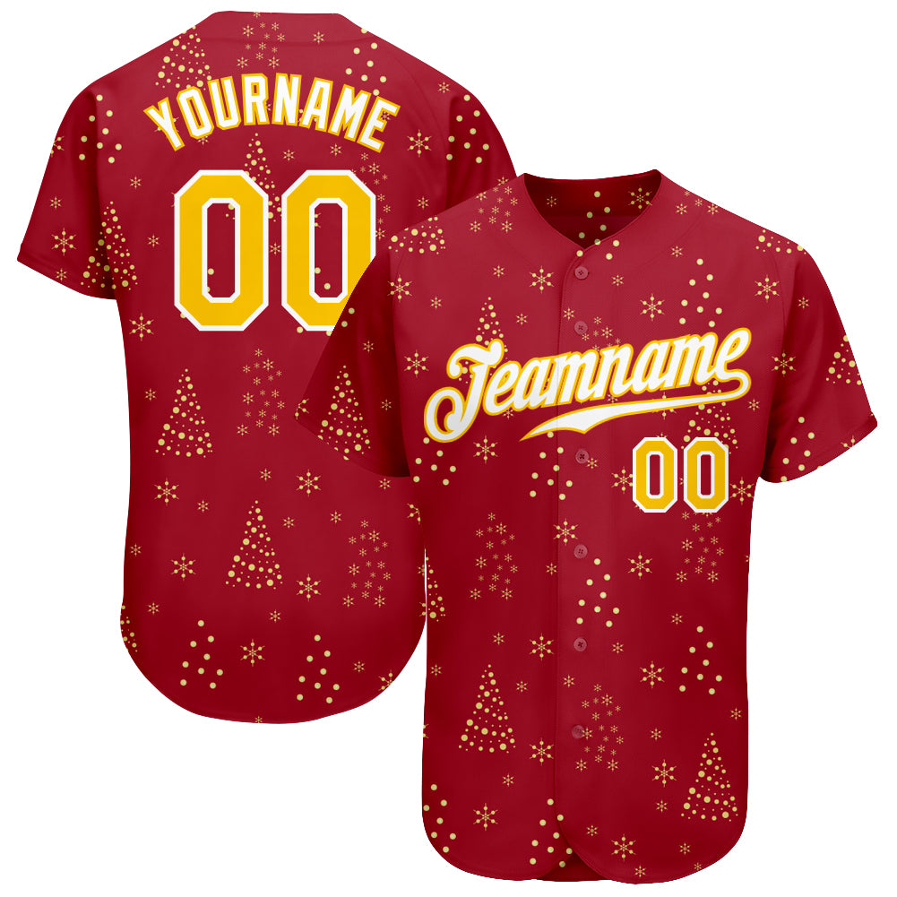Personalized Red Gold-White Christmas 3D Authentic Baseball Jersey Team Custom Name and Number