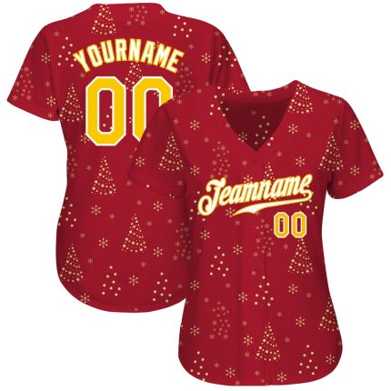 Personalized Red Gold-White Christmas 3D Authentic Baseball Jersey Team Custom Name and Number