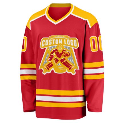 Personalized Red Gold-White Hockey Jersey Team Custom Name and Number