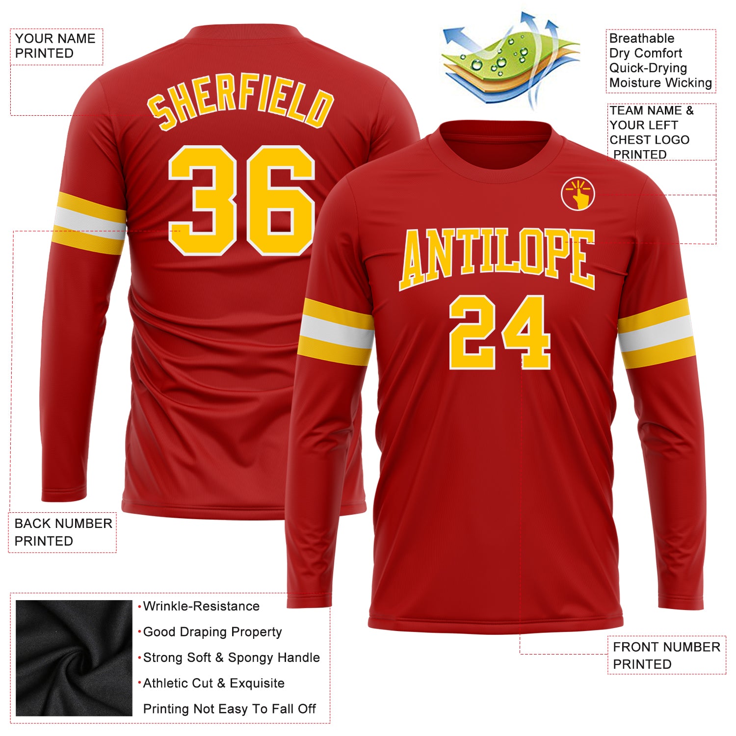 Personalized Red Gold-White Long Sleeve Performance T-Shirt Team Custom Name and Number Personalized Red Gold-White Long Sleeve Performance T-Shirt Team Custom Name and Number - Image 3