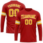 Personalized Red Gold-White Long Sleeve Performance T-Shirt Team Custom Name and Number