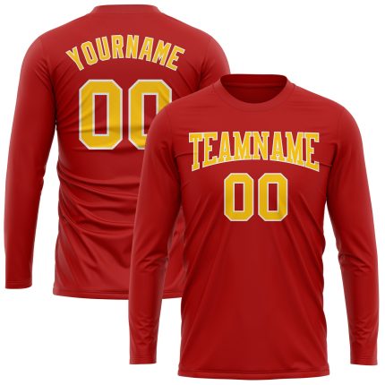 Personalized Red Gold-White Long Sleeve Performance T-Shirt Team Custom Name and Number