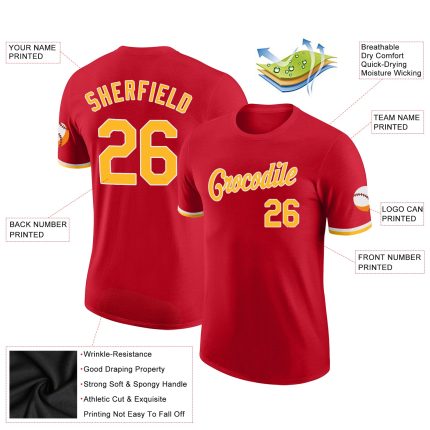Personalized Red Gold-White Performance T-Shirt Team Custom Name and Number