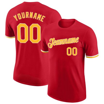 Personalized Red Gold-White Performance T-Shirt Team Custom Name and Number
