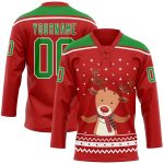 Personalized Red Grass Green-White Christmas Reindeer 3D Hockey Lace Neck Jersey