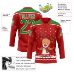 Personalized Red Grass Green-White Christmas Reindeer 3D Hockey Lace Neck Jersey