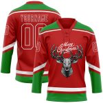 Personalized Red Grass Green-White Christmas Reindeer 3D Hockey Lace Neck Jersey Team Custom Name and Number