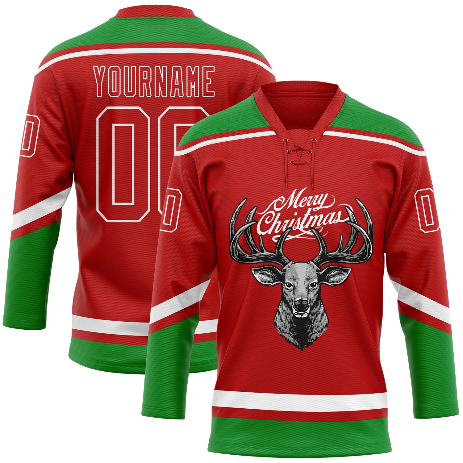Personalized Red Grass Green-White Christmas Reindeer 3D Hockey Lace Neck Jersey Team Custom Name and Number