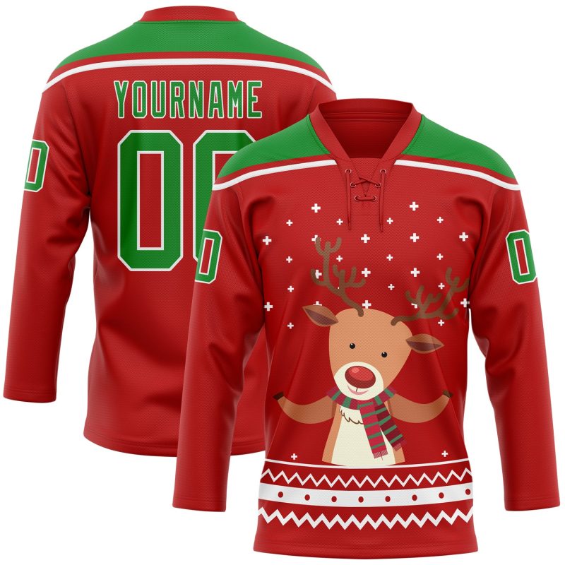 Personalized Red Grass Green-White Christmas Reindeer 3D Hockey Lace Neck Jersey Team Custom Name and Number 8897
