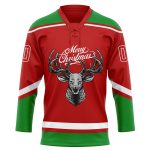 Personalized Red Grass Green-White Christmas Reindeer 3D Hockey Lace Neck Jersey Team Custom Name and Number