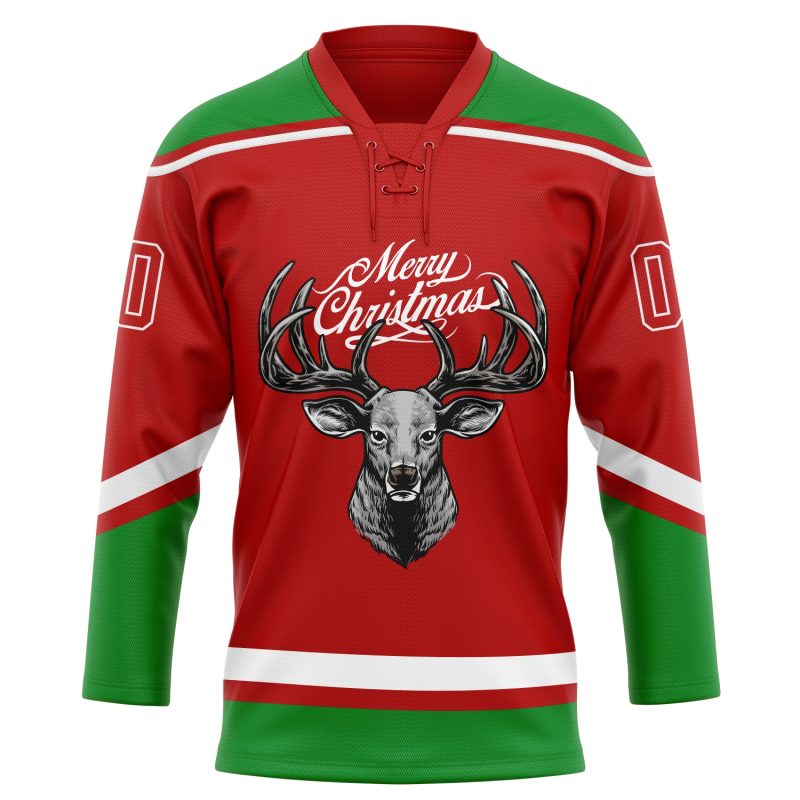 Personalized Red Grass Green-White Christmas Reindeer 3D Hockey Lace Neck Jersey Team Custom Name and Number