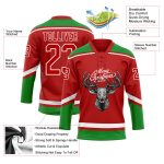 Personalized Red Grass Green-White Christmas Reindeer 3D Hockey Lace Neck Jersey Team Custom Name and Number