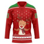 Personalized Red Grass Green-White Christmas Reindeer 3D Hockey Lace Neck Jersey