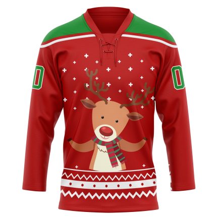 Personalized Red Grass Green-White Christmas Reindeer 3D Hockey Lace Neck Jersey