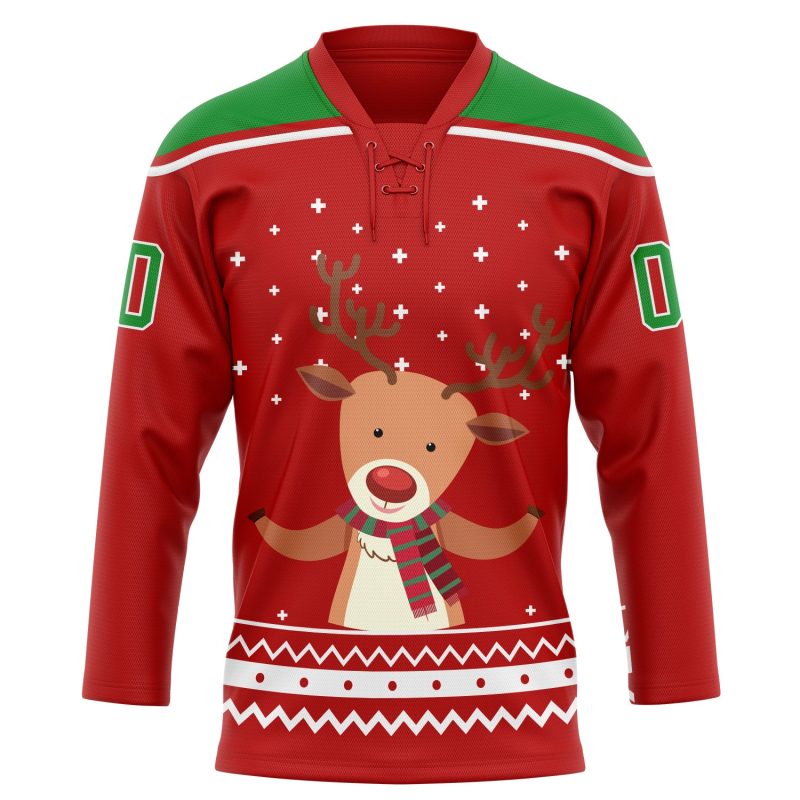 Personalized Red Grass Green-White Christmas Reindeer 3D Hockey Lace Neck Jersey