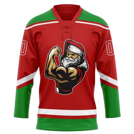 Personalized Red Grass Green-White Christmas Santa Claus 3D Hockey Lace Neck Jersey