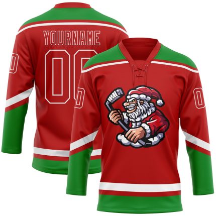 Personalized Red Grass Green-White Christmas Santa Claus 3D Hockey Lace Neck Jersey Team Custom Name and Number