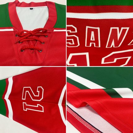 Personalized Red Grass Green-White Christmas Santa Claus 3D Hockey Lace Neck Jersey Team Custom Name and Number