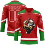 Personalized Red Grass Green-White Christmas Santa Claus 3D Hockey Lace Neck Jersey