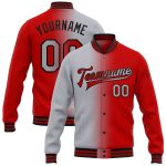 Personalized Red Gray-Black Bomber Full-Snap Varsity Letterman Gradient Fashion Jacket Team Custom Name and Number