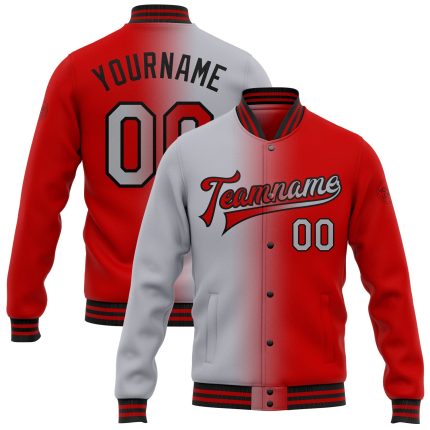Personalized Red Gray-Black Bomber Full-Snap Varsity Letterman Gradient Fashion Jacket Team Custom Name and Number