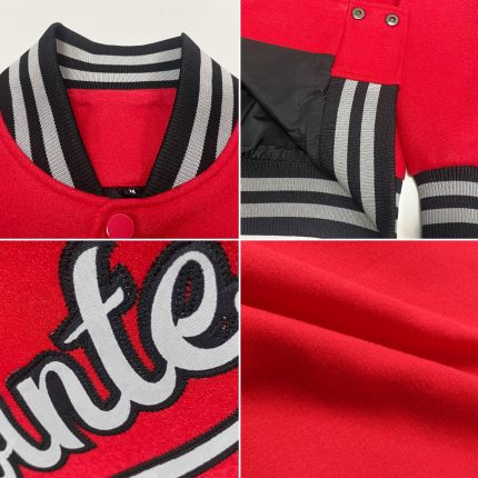 Personalized Red Gray-Black Bomber Full-Snap Varsity Letterman Jacket Team Custom Name and Number