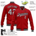 Personalized Red Gray-Black Bomber Full-Snap Varsity Letterman Jacket Team Custom Name and Number
