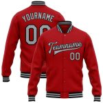 Personalized Red Gray-Black Bomber Full-Snap Varsity Letterman Jacket Team Custom Name and Number