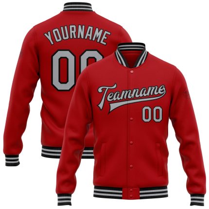 Personalized Red Gray-Black Bomber Full-Snap Varsity Letterman Jacket Team Custom Name and Number