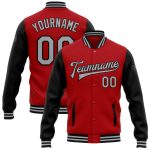 Personalized Red Gray-Black Bomber Full-Snap Varsity Letterman Two Tone Jacket Team Custom Name and Number