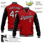 Personalized Red Gray-Black Bomber Full-Snap Varsity Letterman Two Tone Jacket Team Custom Name and Number