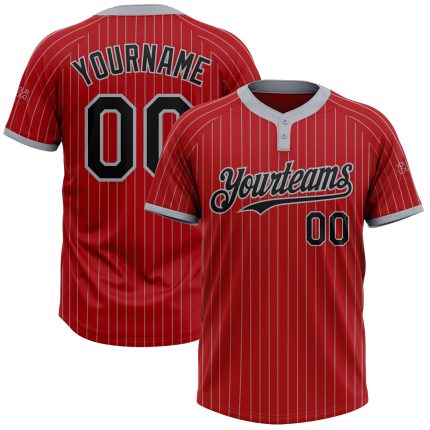 Personalized Red Gray Pinstripe Black Two-Button Unisex Softball Jersey Team Custom Name and Number