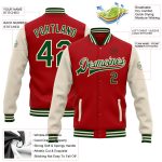 Personalized Red Green-Cream Bomber Full-Snap Varsity Letterman Two Tone Jacket Team Custom Name and Number