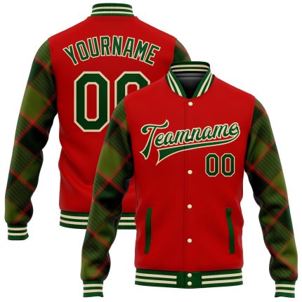 Personalized Red Green-Cream Check Board 3D Pattern Design Bomber Full-Snap Varsity Letterman Jacket Team Custom Name and Number