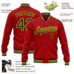 Personalized Red Green-Gold Bomber Full-Snap Varsity Letterman Jacket Team Custom Name and Number